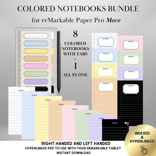 Color Notebook Bundle for reMarkable Paper Pro Move: 8+1 Colored Paper Notebooks with tabs Hyperlinked and Indexed Digital Notebooks Bundle