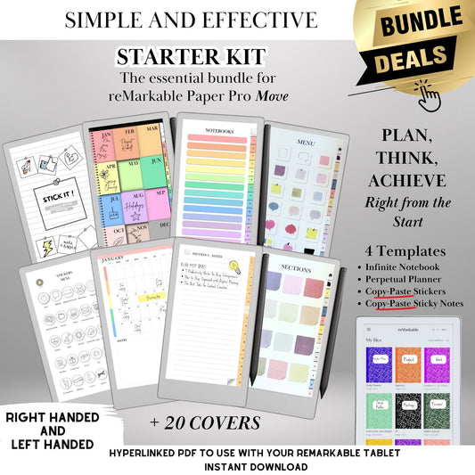 Starter Kit for reMarkable Paper Pro Move Templates Bundle with Calendar, Infinite Notebook, Ready-to-use Stickers & Sticky Notes and Covers