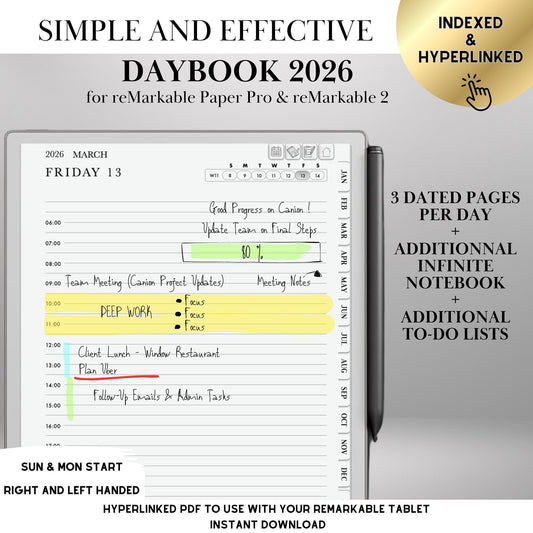 2026 Daily Planner for reMarkable 2 & Pro: Hyperlinked Digital Notebook (Digital Download))