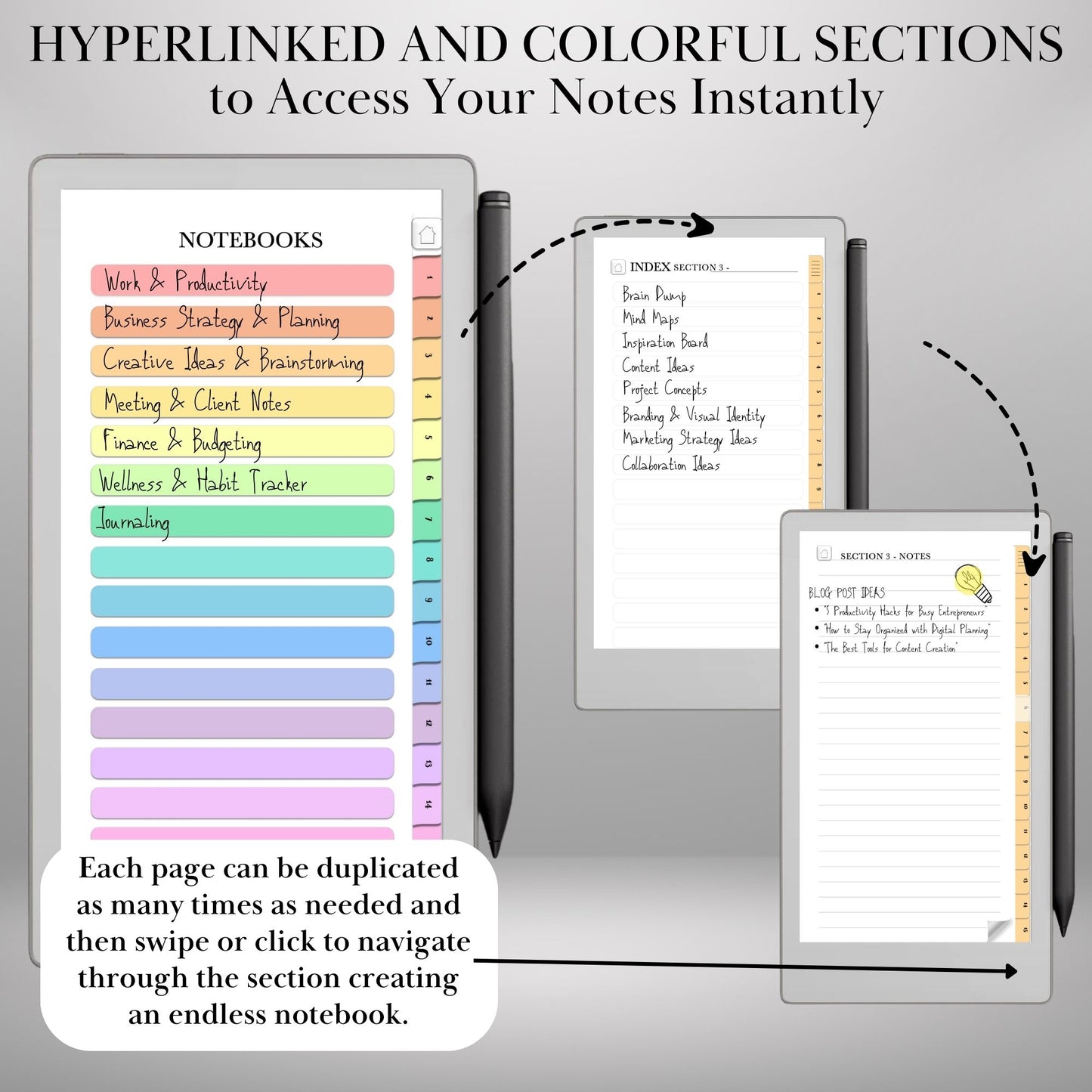 Infinite Notebooks for reMarkable Paper Pro Move Hyperlinked PDF Template Colored Notebooks templates Digital Notebooks eInk