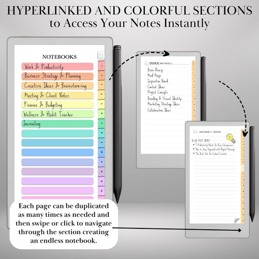 Infinite Notebooks for reMarkable Paper Pro Move Hyperlinked PDF Template Colored Notebooks templates Digital Notebooks eInk