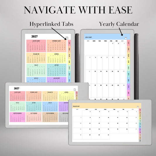 reMarkable Paper Pro Move — Monthly Planner 2027, full-page calendar & year overview