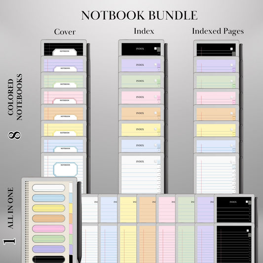 Color Notebook Bundle for reMarkable Paper Pro Move: 8+1 Colored Paper Notebooks with tabs Hyperlinked and Indexed Digital Notebooks Bundle