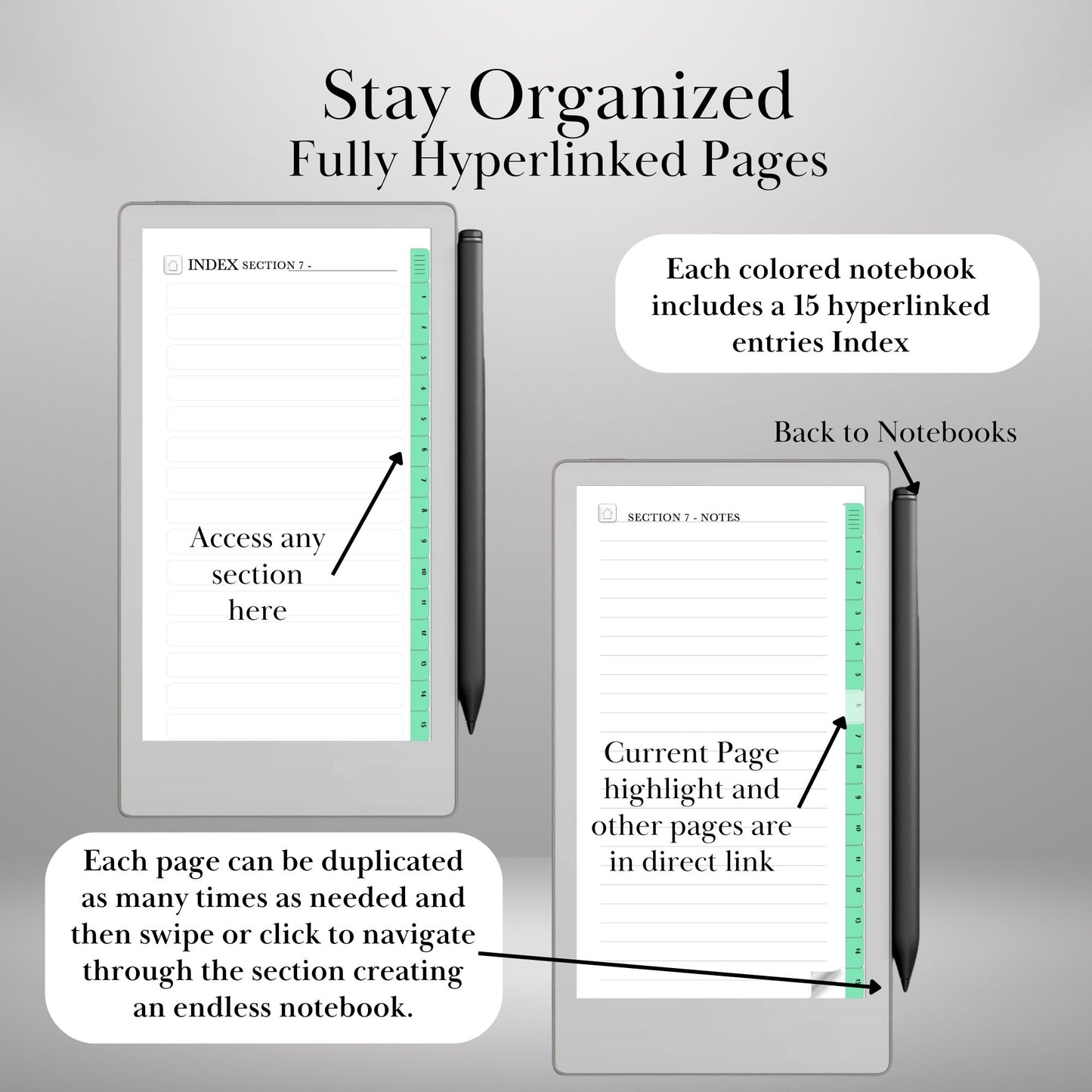Infinite Notebooks for reMarkable Paper Pro Move Hyperlinked PDF Template Colored Notebooks templates Digital Notebooks eInk