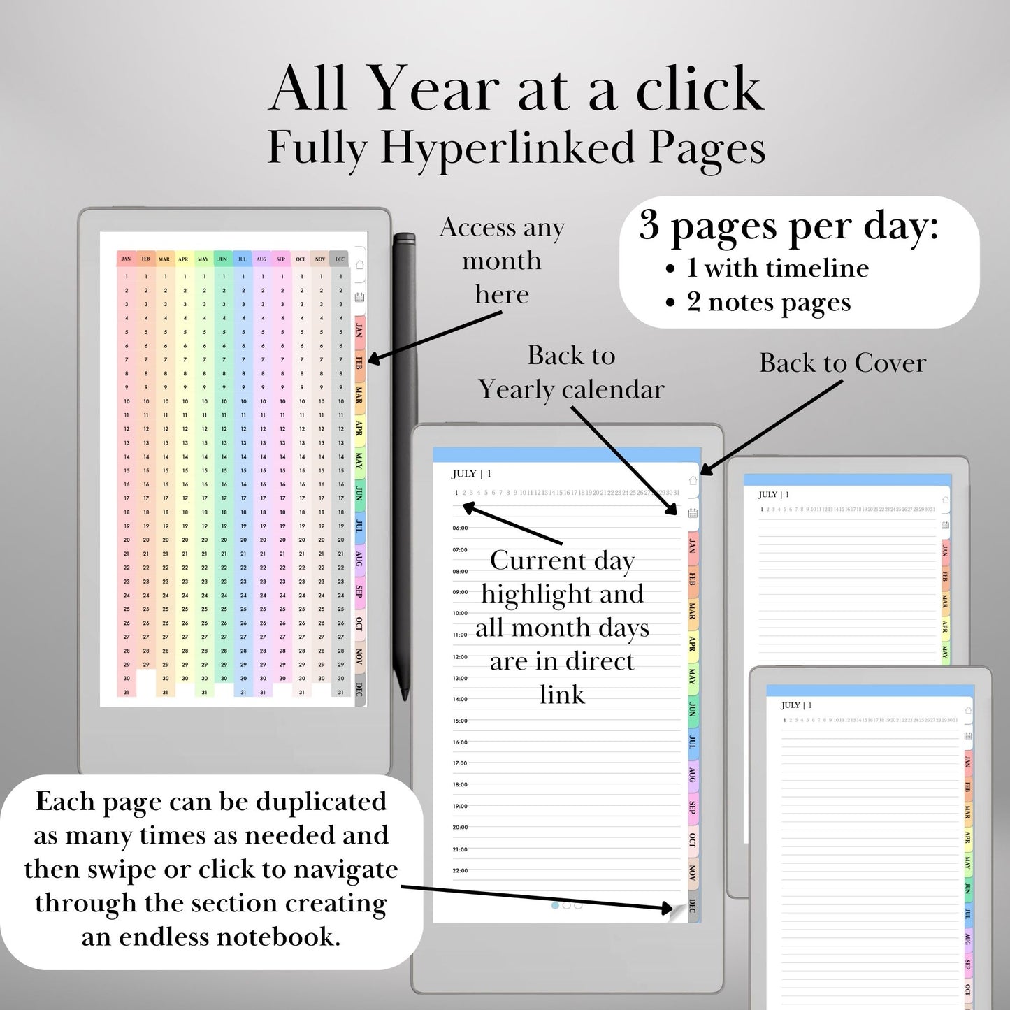 Perpetual Calendar for reMarkable Paper Pro Move Templates, Daily planner Undated Monthly Weekly Daily Hourly Hyperlinked Planner