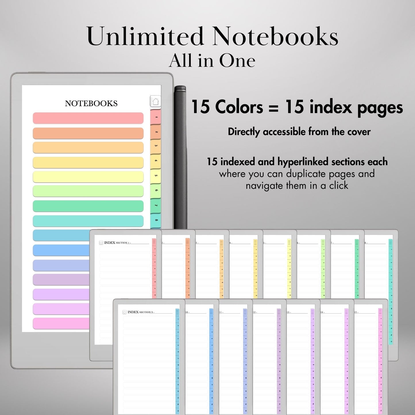 Infinite Notebooks for reMarkable Paper Pro Move Hyperlinked PDF Template Colored Notebooks templates Digital Notebooks eInk
