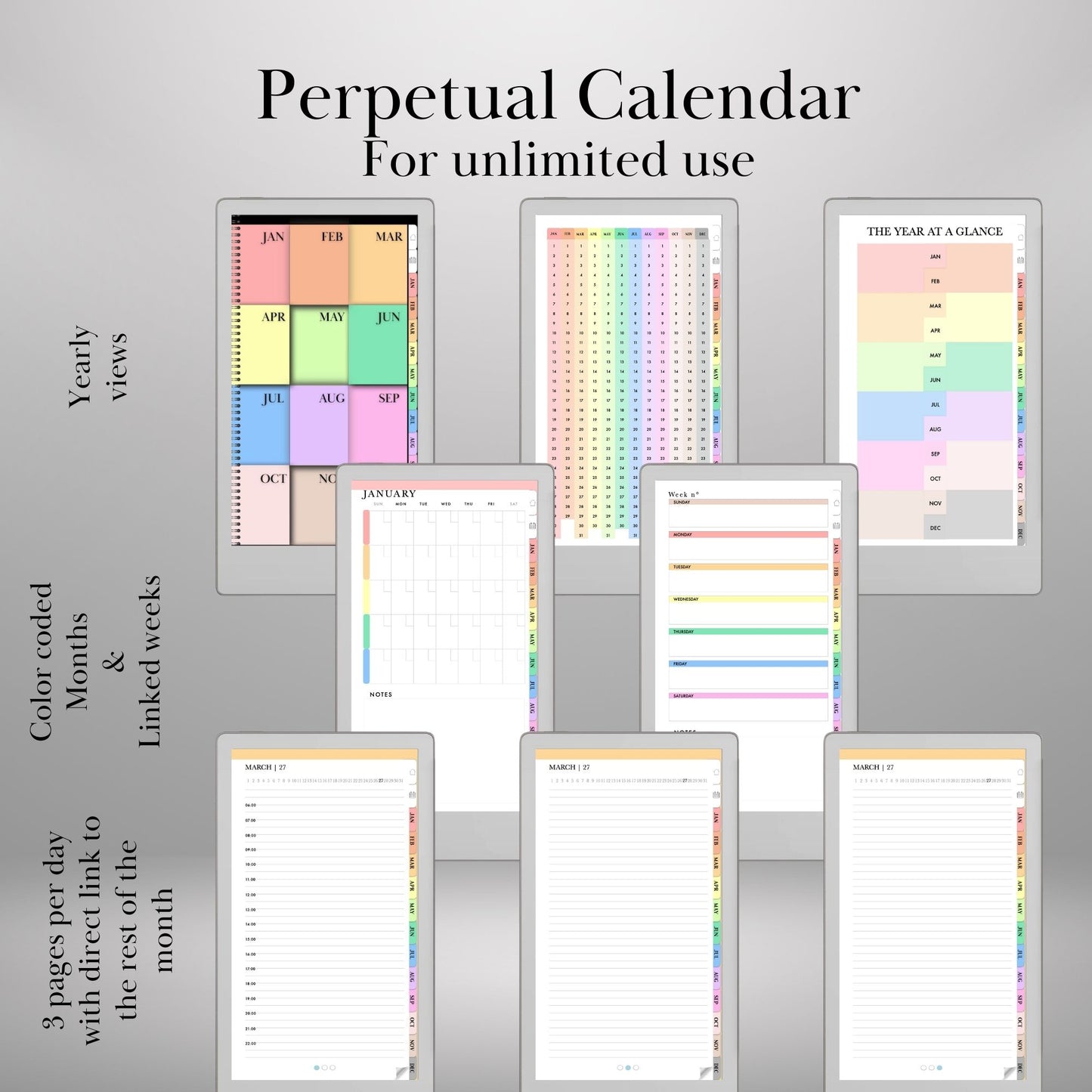 Perpetual Calendar for reMarkable Paper Pro Move Templates, Daily planner Undated Monthly Weekly Daily Hourly Hyperlinked Planner