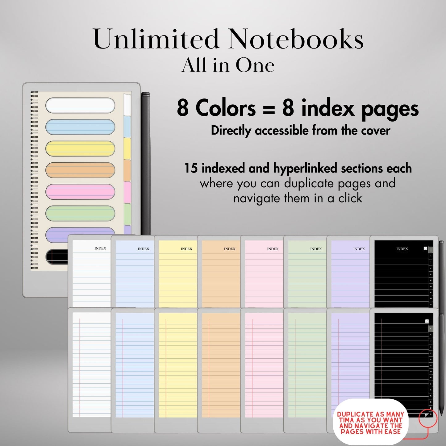 Color Notebook Bundle for reMarkable Paper Pro Move: 8+1 Colored Paper Notebooks with tabs Hyperlinked and Indexed Digital Notebooks Bundle