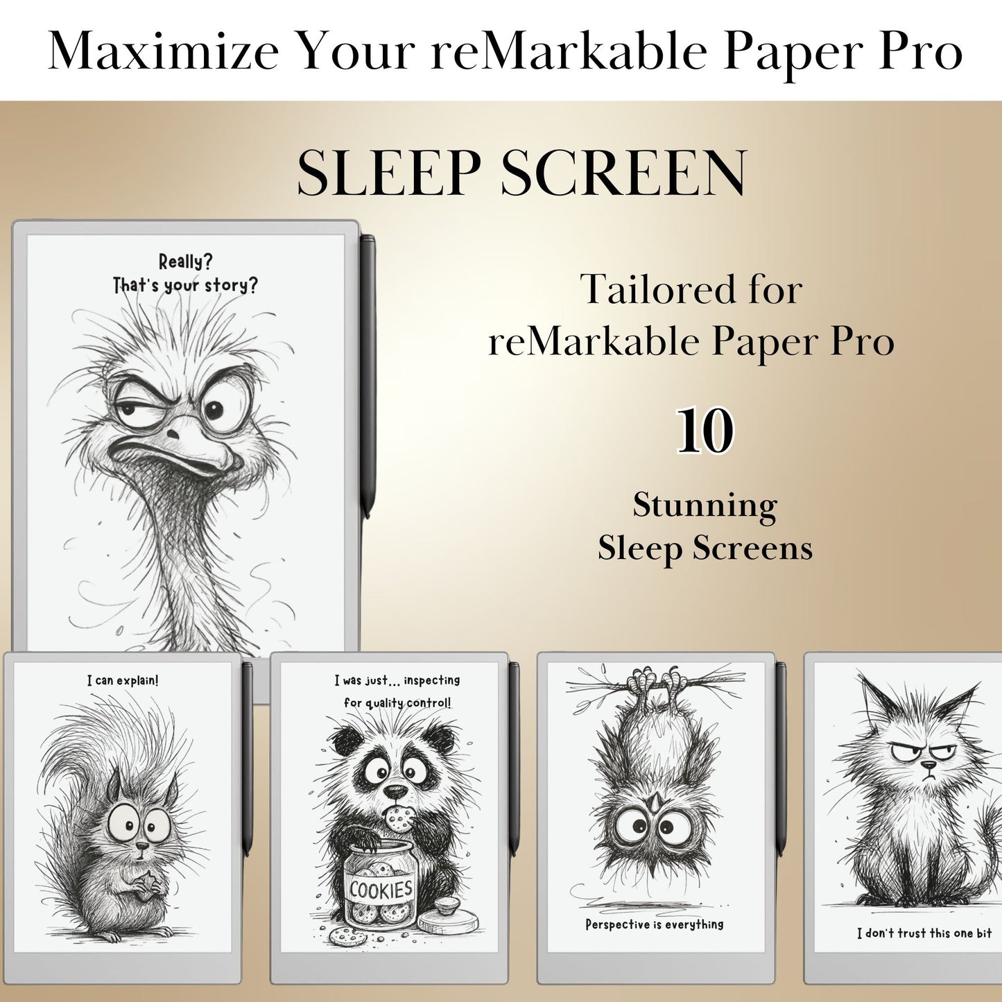 Sleep screen for reMarkable Paper Pro with Fun animal illustrations and text on a beige background