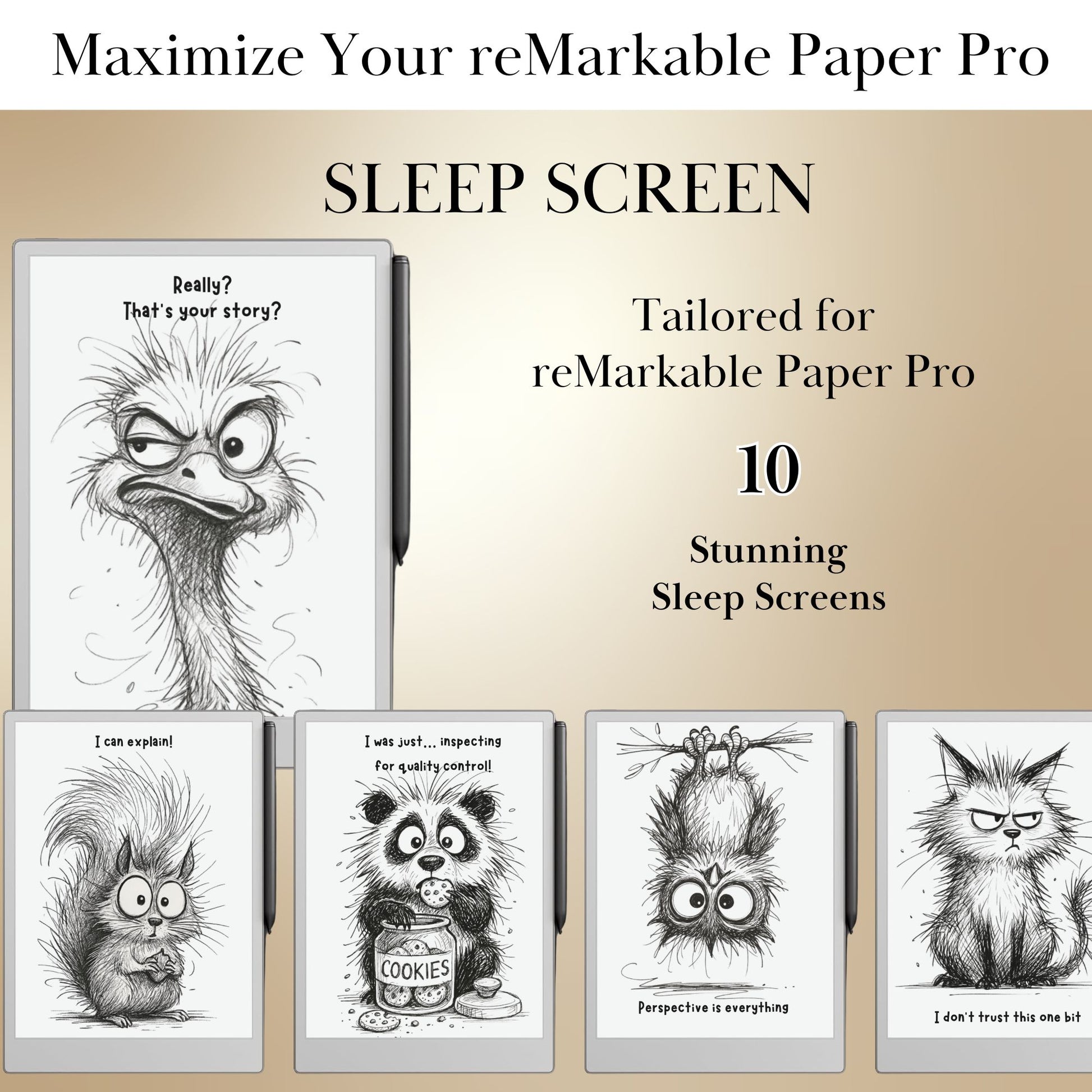 Sleep screen for reMarkable Paper Pro with Fun animal illustrations and text on a beige background