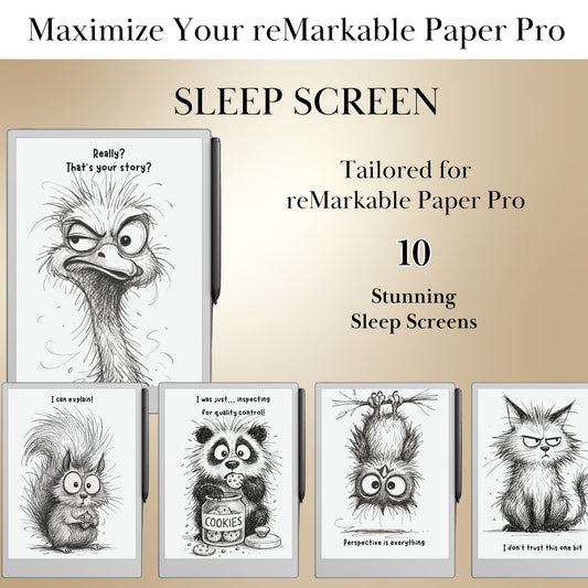 Sleep screen for reMarkable Paper Pro with Fun animal illustrations and text on a beige background