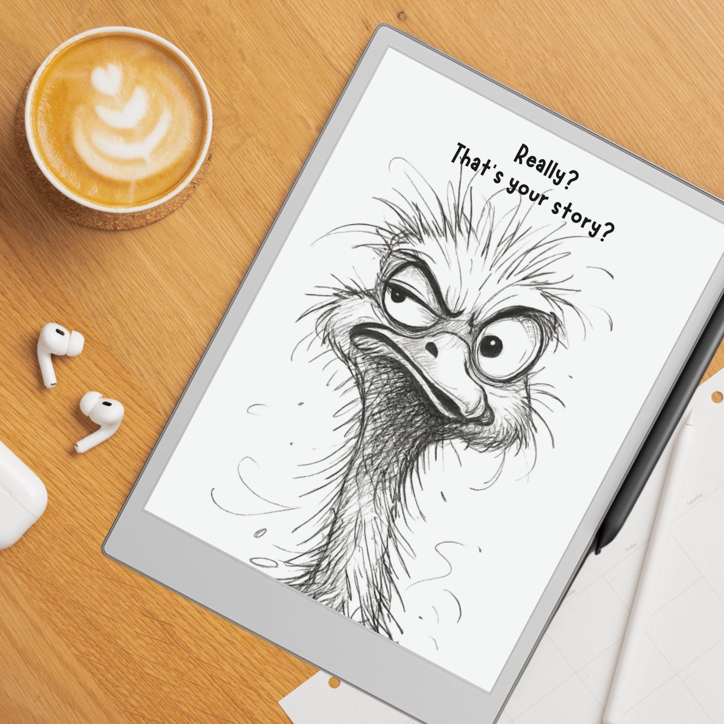 Remarkable e-ink tablet displaying an illustration of an angry ostrich with text, next to a cup of coffee and earbuds on a wooden table.