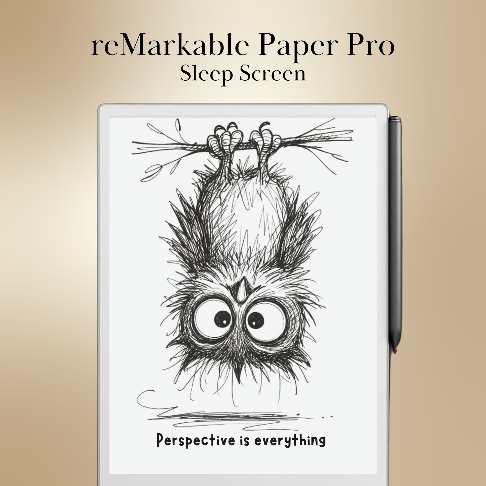 remarkable tablet sleep screen with owl illustration and 'Perspective is everything' text on a beige background