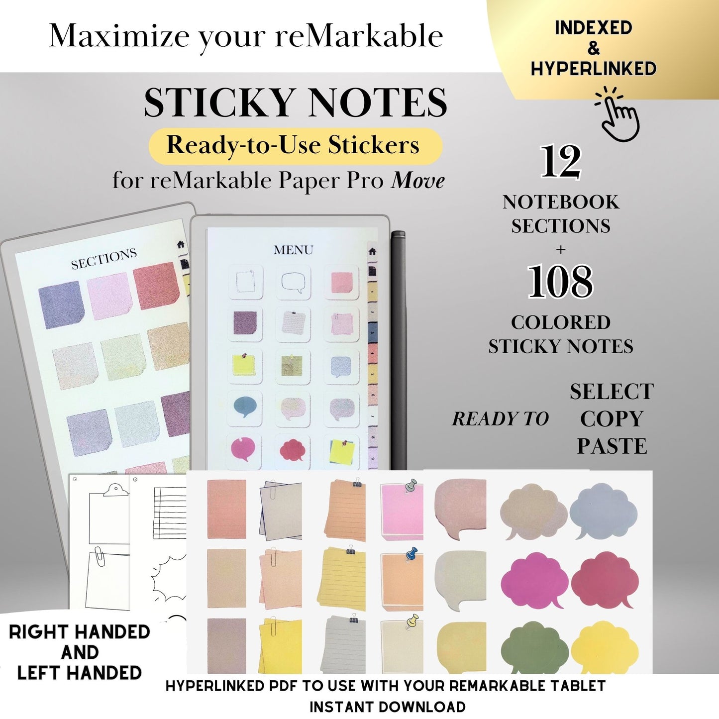 Ready-to-use Sticky Notes Bundle for reMarkable Paper Pro Move: 108 Colored Stickers Templates, 12-Section Hyperlinked Notebook