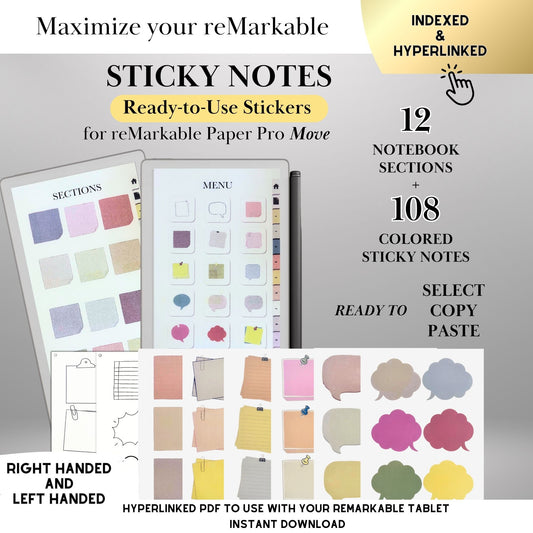 Ready-to-use Sticky Notes Bundle for reMarkable Paper Pro Move: 108 Colored Stickers Templates, 12-Section Hyperlinked Notebook