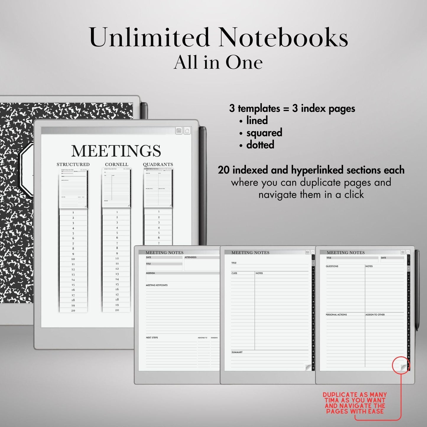 Meeting Notebooks Bundle for reMarkable Paper Pro, Structured, Cornell and Quandrants layouts, Hyperlinked and Indexed e-Ink Templates