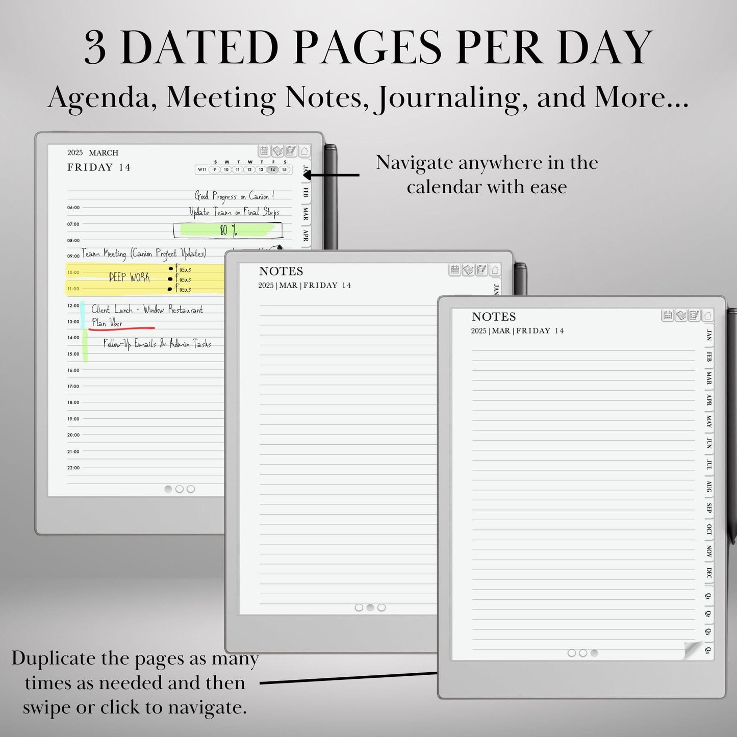 Daily Planner 2025 for Remakable Paper pro and reMarkable 2 Hourly Planner Template Hyperlinked Notebook reMarkable 2 Template Organizer
