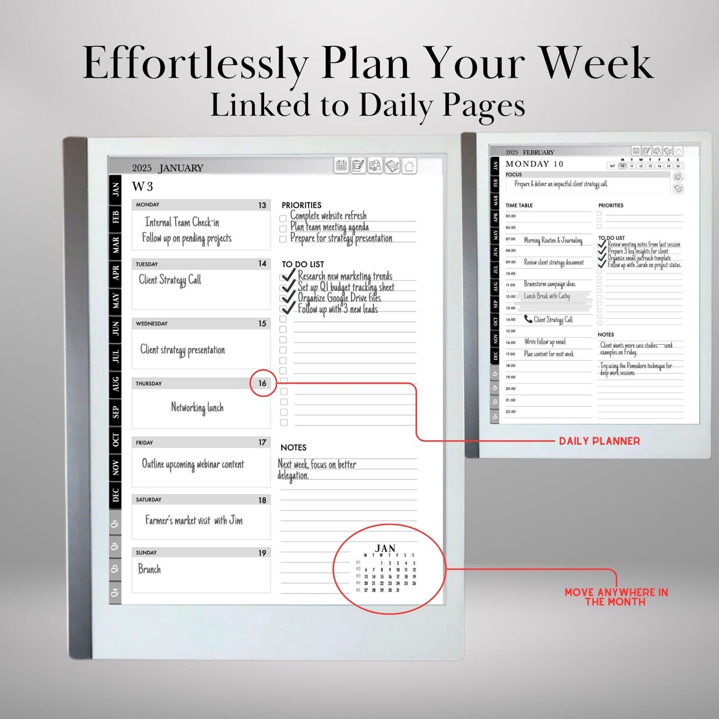 2025 Planner for reMarkable 2 and reMarkable Paper Pro Calendar reMarkable Hyperlinked Notes and Daily Meeting Notes Hyperlinked Planner