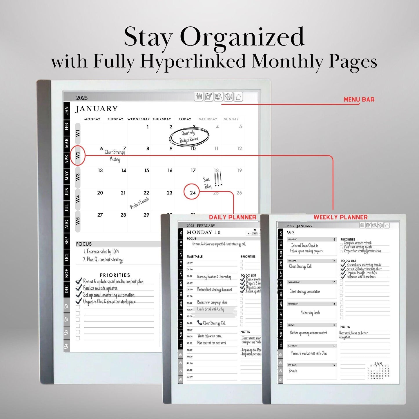 2025 Planner for reMarkable 2 and reMarkable Paper Pro Calendar reMarkable Hyperlinked Notes and Daily Meeting Notes Hyperlinked Planner