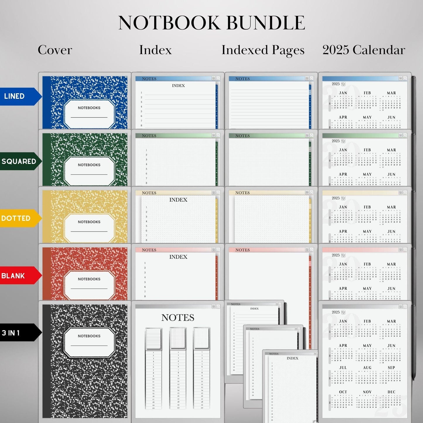 Notebook Bundle for reMarkable Paper Pro and remarkable 2 Hyperlinked, Indexed PDF Notebooks Lined, Grid, Dotted & Blank Pages eInk Template