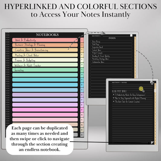 reMarkable Paper Pro Dark Notebook| Remarkable 2 Hyperlinked PDF Template | Black Notebooks templates | Digital Notebooks | eInk Templates