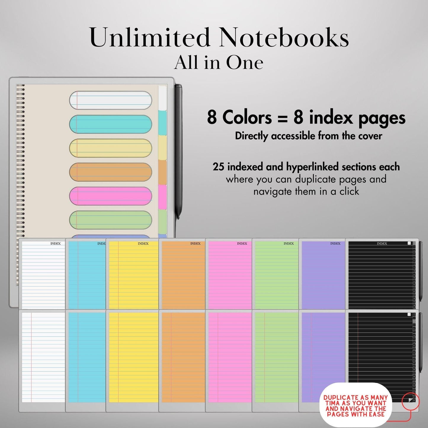 Color Paper Notebook Bundle for reMarkable Paper Pro 8+1 Color Paper Notebooks Hyperlinked and Indexed Digital Notebook e-Ink Template