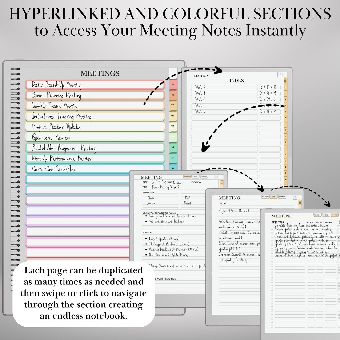 Meeting Notes for reMarkable Paper Pro and Remarkable 2 Hyperlinked Template Meeting Notebook Digital Business and Productivity Template