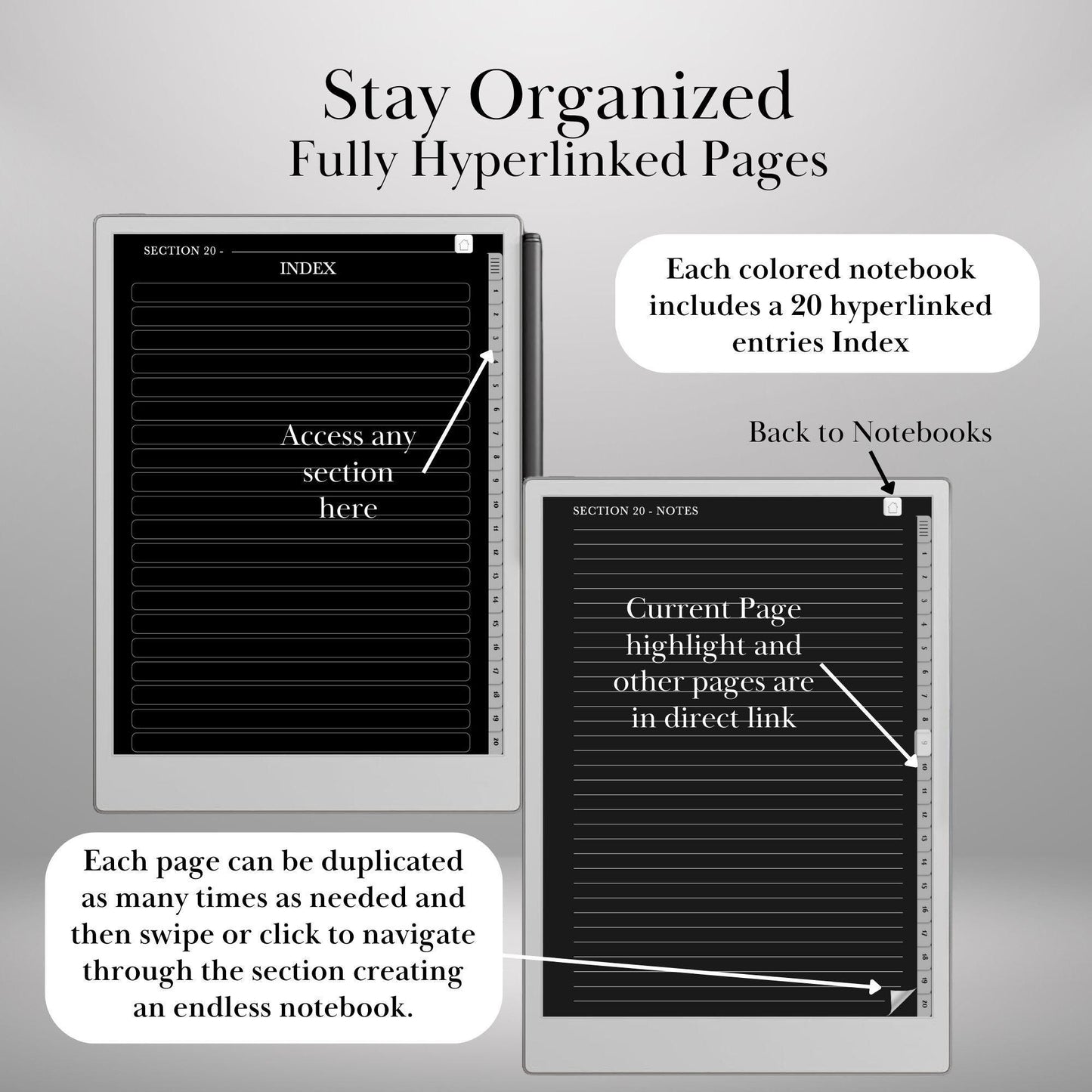 reMarkable Paper Pro Dark Notebook| Remarkable 2 Hyperlinked PDF Template | Black Notebooks templates | Digital Notebooks | eInk Templates