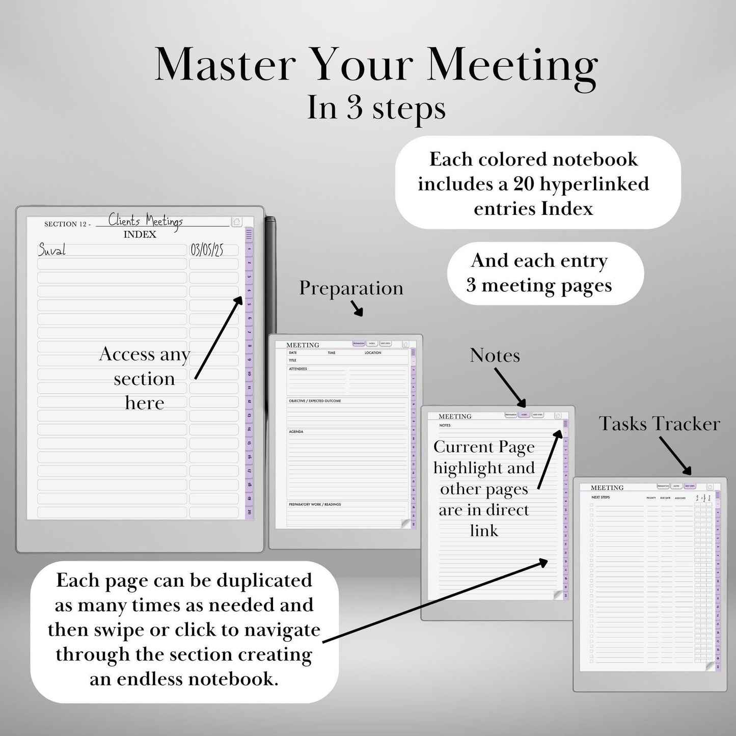 Meeting Notes for reMarkable Paper Pro and Remarkable 2 Hyperlinked Template Meeting Notebook Digital Business and Productivity Template