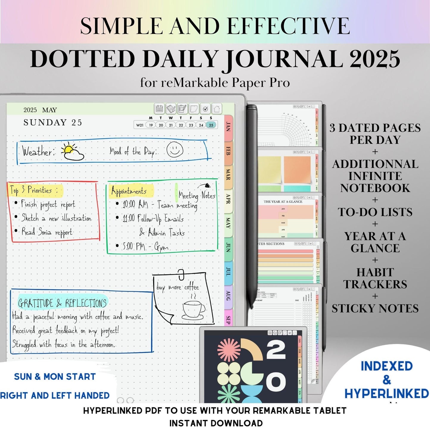 Daily Journal Planner 2025 for reMarkable Paper pro Journaling Hyperlinked Notebook reMarkable Templates Digital Planner reMrakable Calendar
