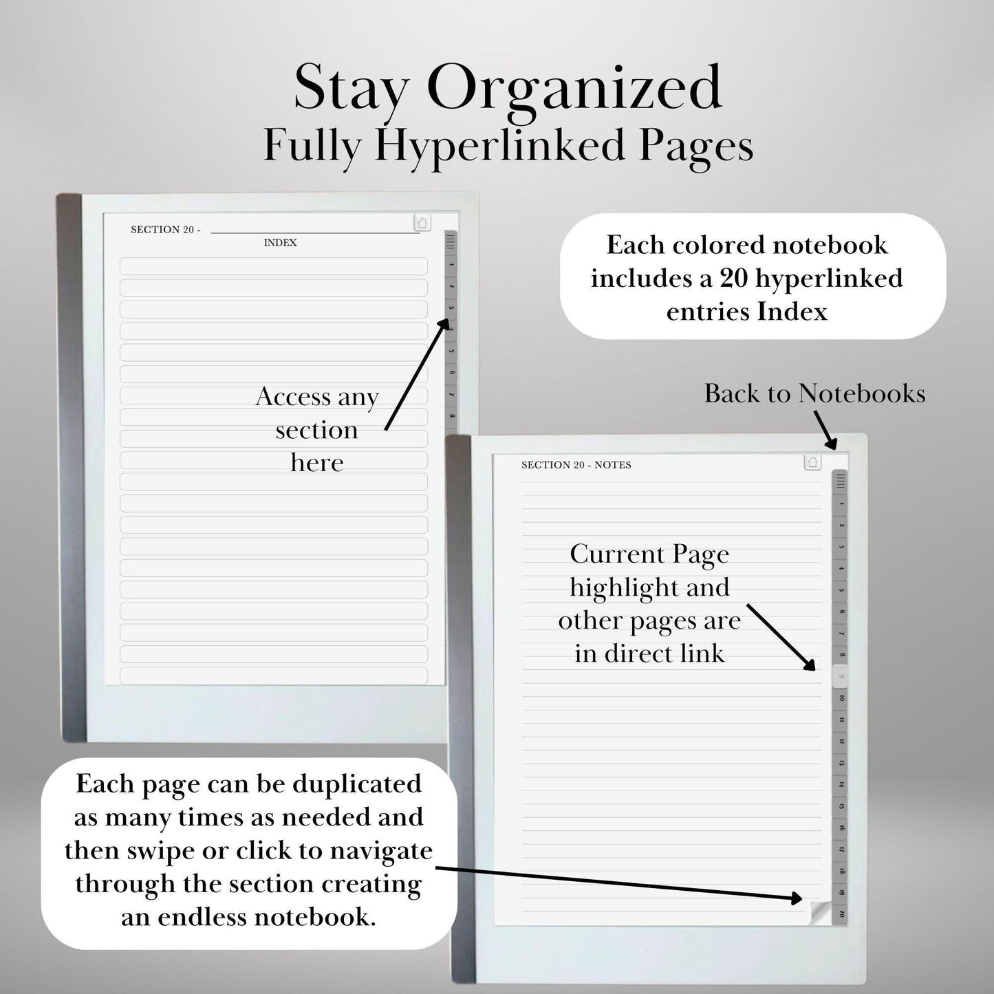 Infinite Notebook for Remarkable 2 Hyperlinked PDF Template Minimalist Notebook template with tabs Digital Notebook Organizer eInk Templates