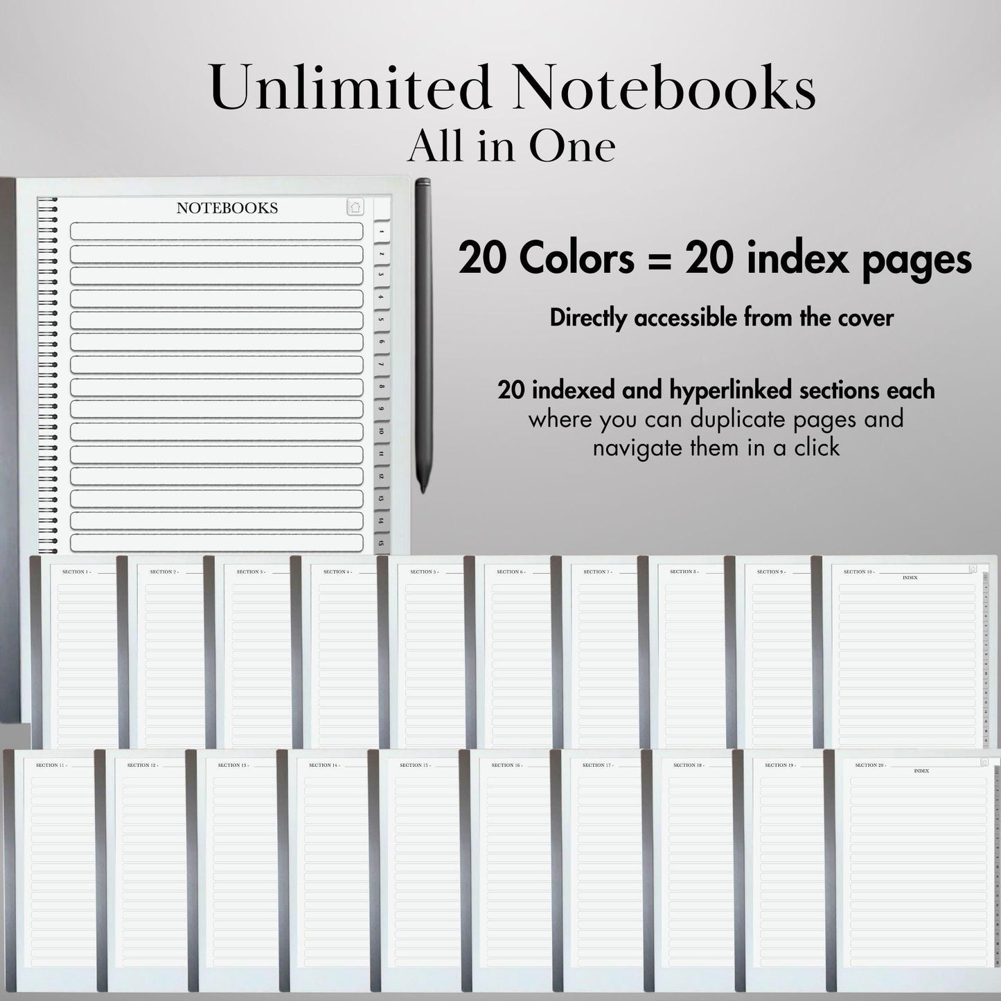 Infinite Notebook for Remarkable 2 Hyperlinked PDF Template Minimalist Notebook template with tabs Digital Notebook Organizer eInk Templates