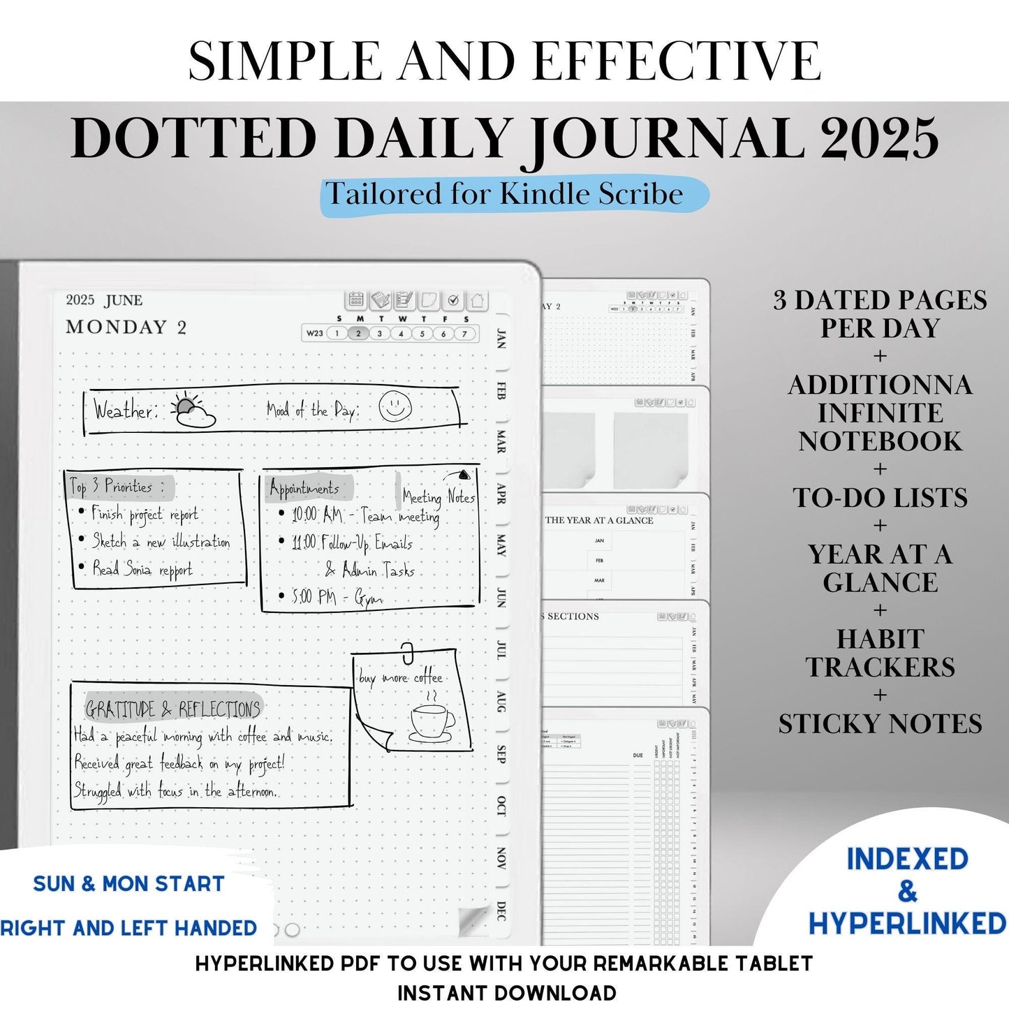 Kindle Scribe Templates 2025 Daily Journal Planner | Kindle Scribe Planner Hyperlinked Digital Notebook | Habit Tracker To-Do | PDF Download