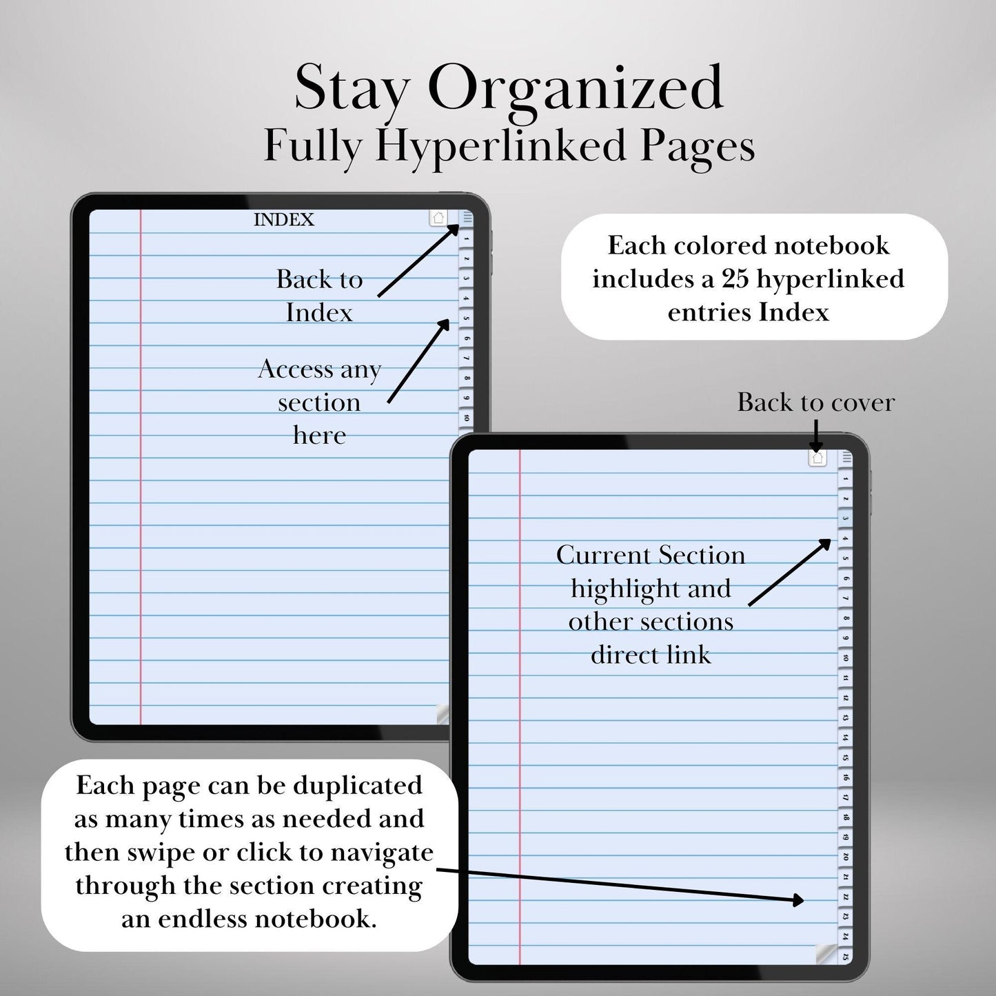 Goodnotes Digital Notebook with tabs | Ipad Notebook | Hyperlinked PDF | 8+1 Colored Paper Notebook template | Digital Notebook Template