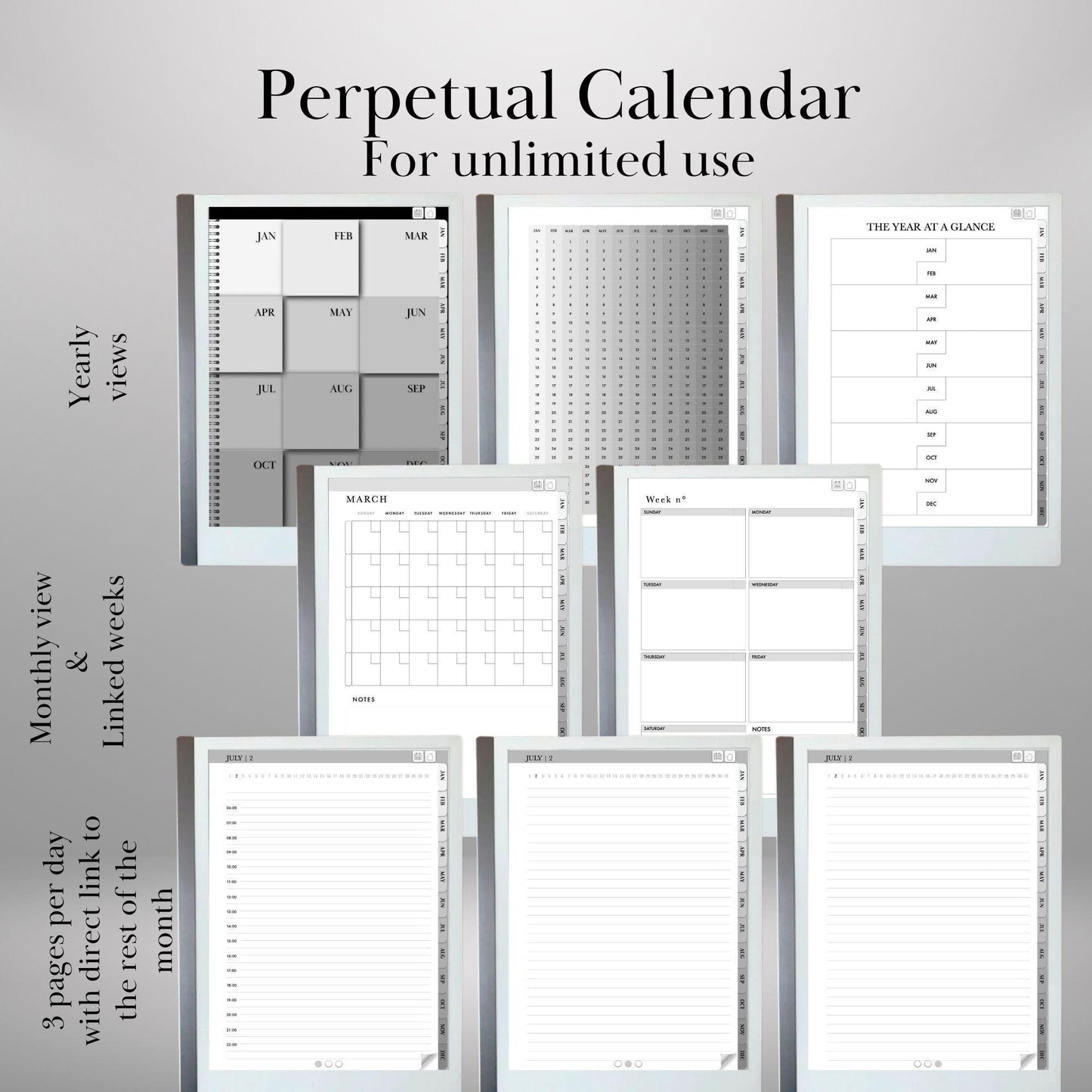 Perpetual Calendar Template for reMarkable 2 Undated Daily Planner Hourly, Daily, Weekly, Monthly Journal Hyperlinked Planner reMarkable2