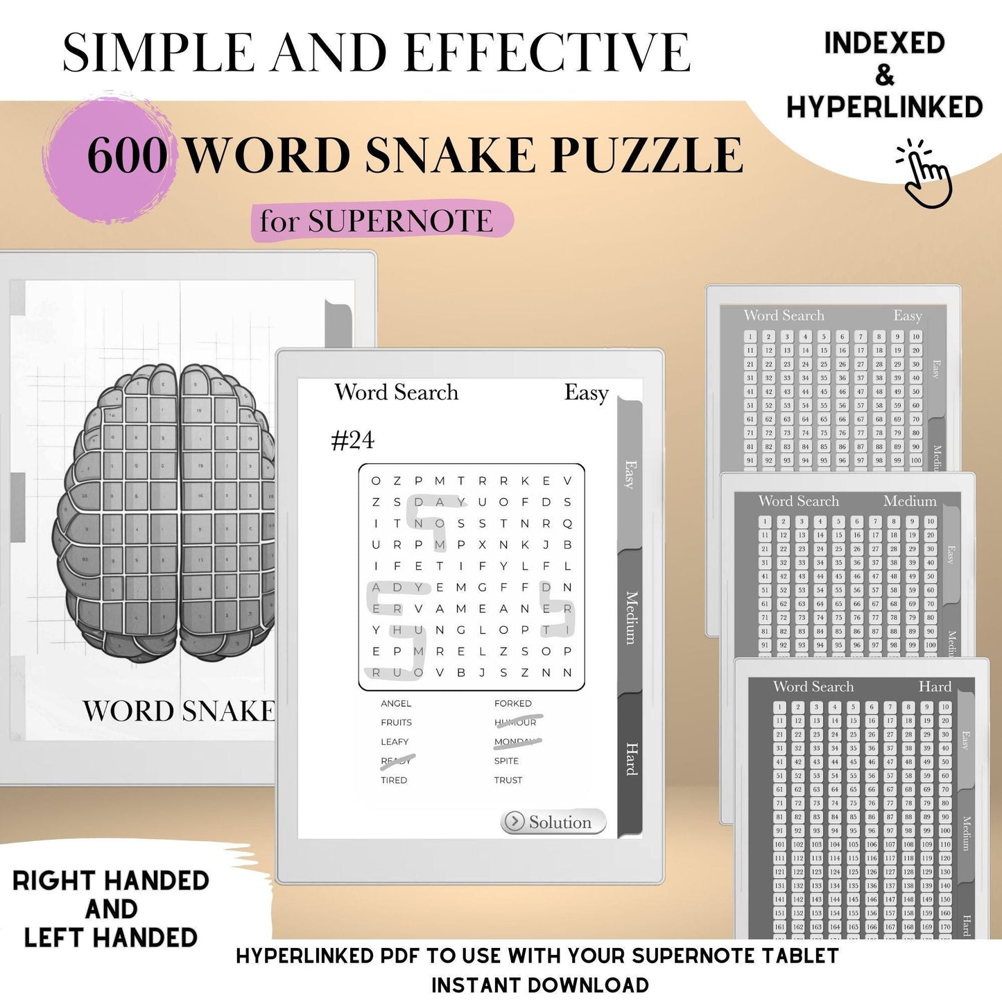 Supernote Template Word Snake Puzzle Book | Hyperlinked Word Snake Game | Digital Puzzle for Supernote A5X & A6X | Brain Training eInk Book