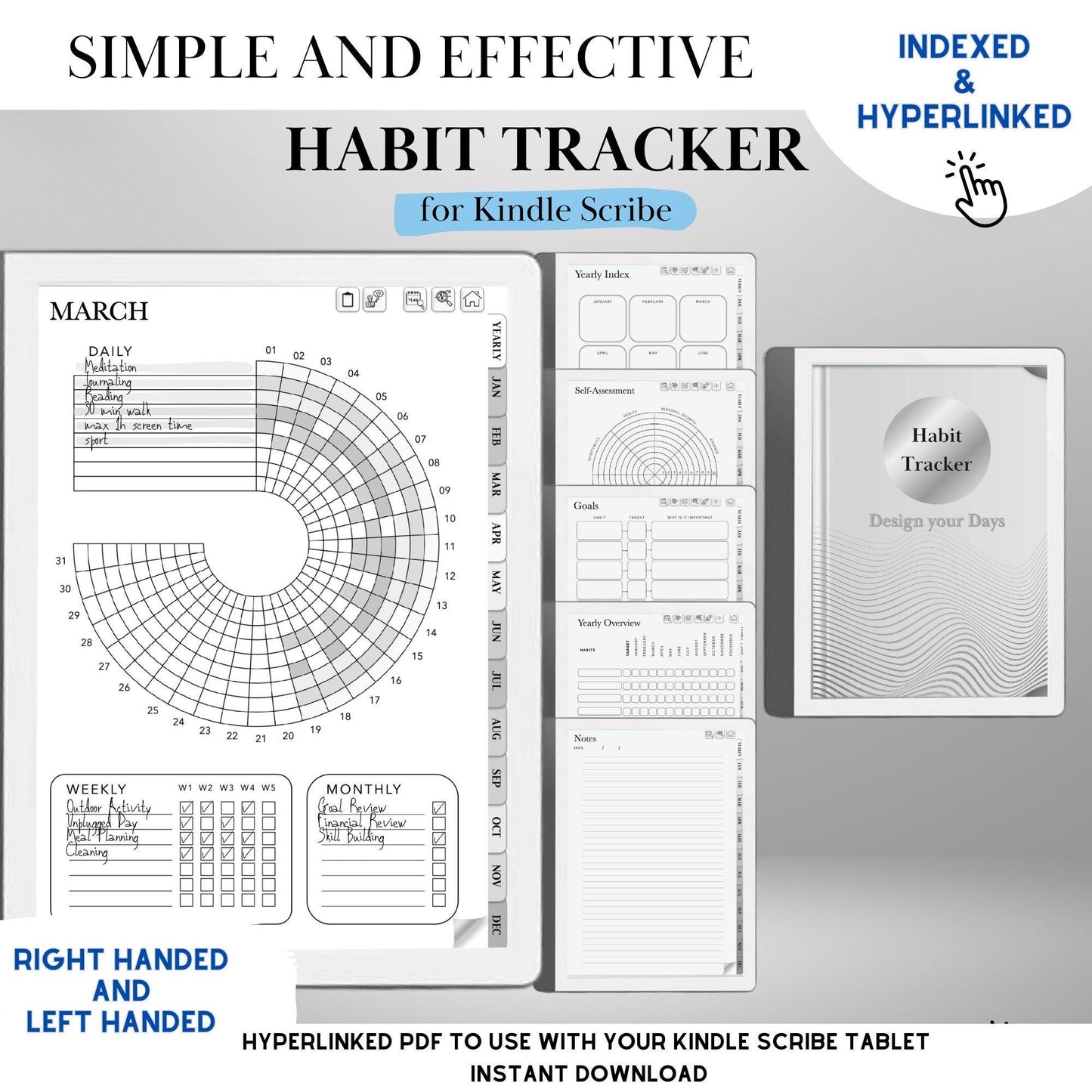 Kindle Scribe Habit Tracker Template Hyperlinked PDF | Kindle Scribe Planner Productivity Template | Minimalist Goal Tracker Templates