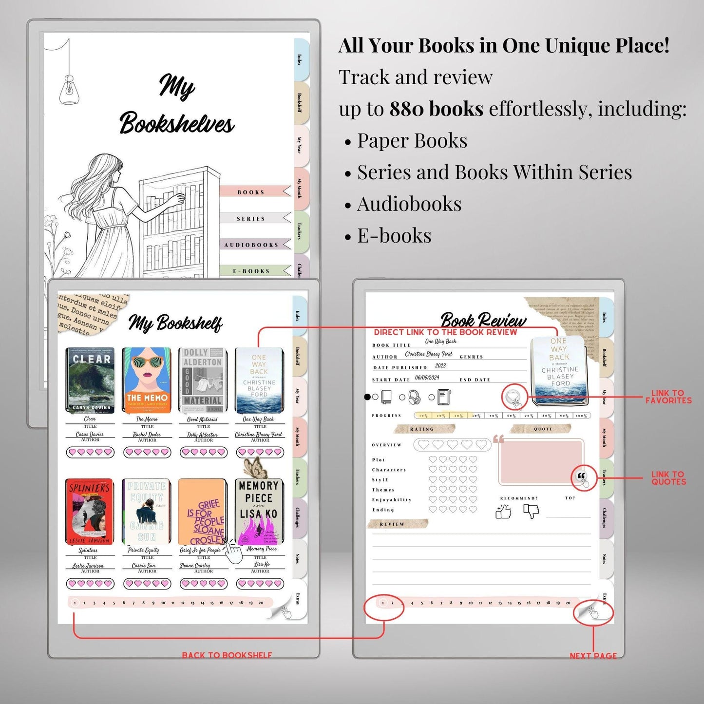 Reading Journal for reMarkable Paper Pro and Remarkable 2 Hyperlinked Book Tracker Template e-Ink Reading Planner template TBR eBook Reviews