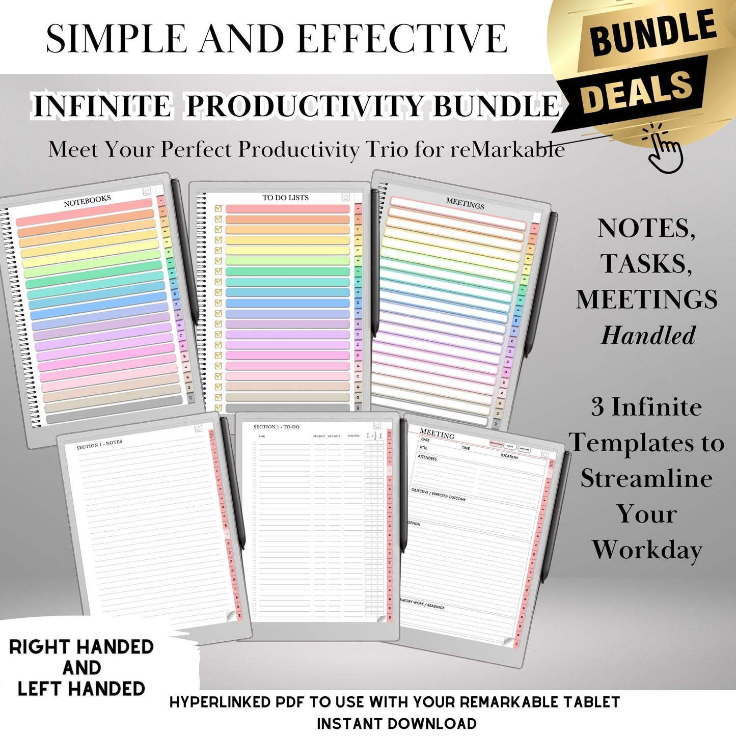Productivity Bundle for reMarkable Paper Pro Template & reMarkable 2 Hyperlinked Notebooks + To-Do Planner + Meeting Notes eInk Templates