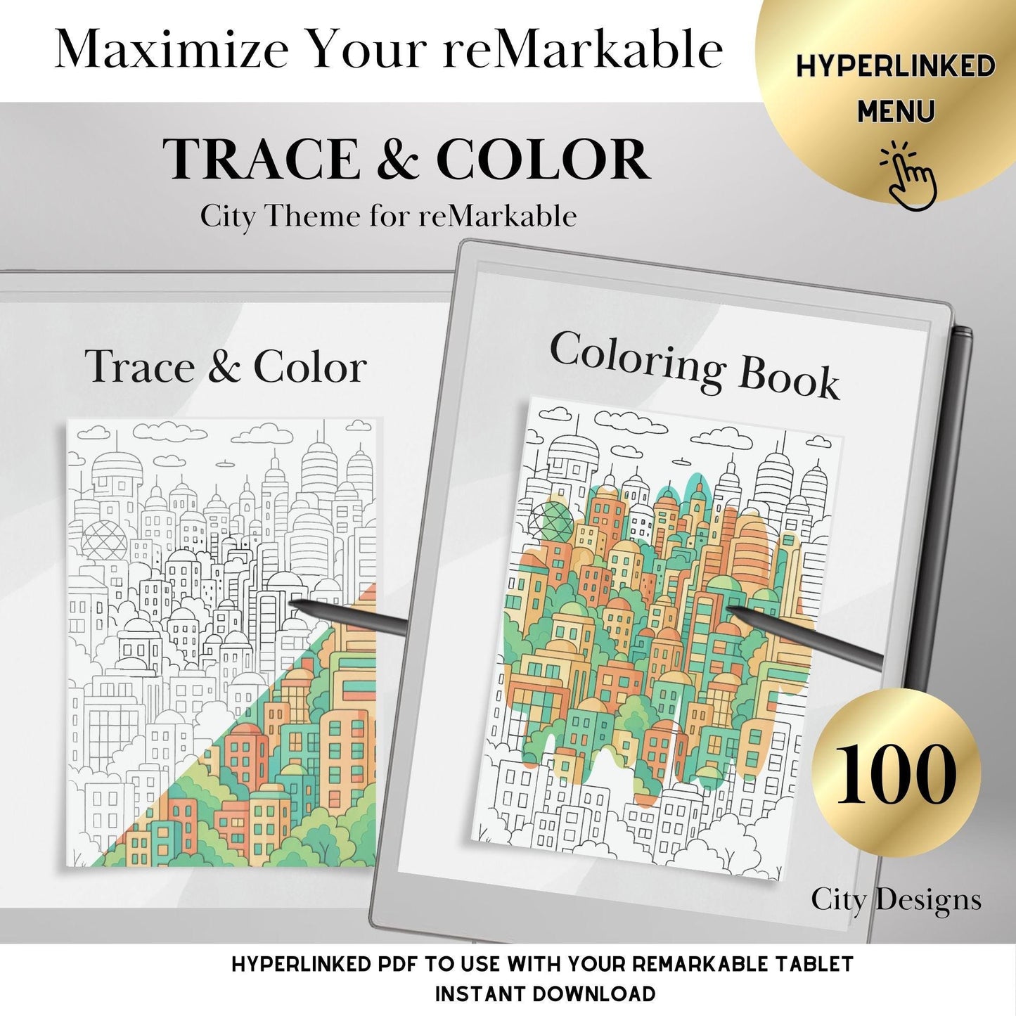 Coloring & Tracing Book for reMarkable Paper Pro Templates City Adult Coloring Hyperlinked eInk Art Therapy reMarkable 2 Mindful activity
