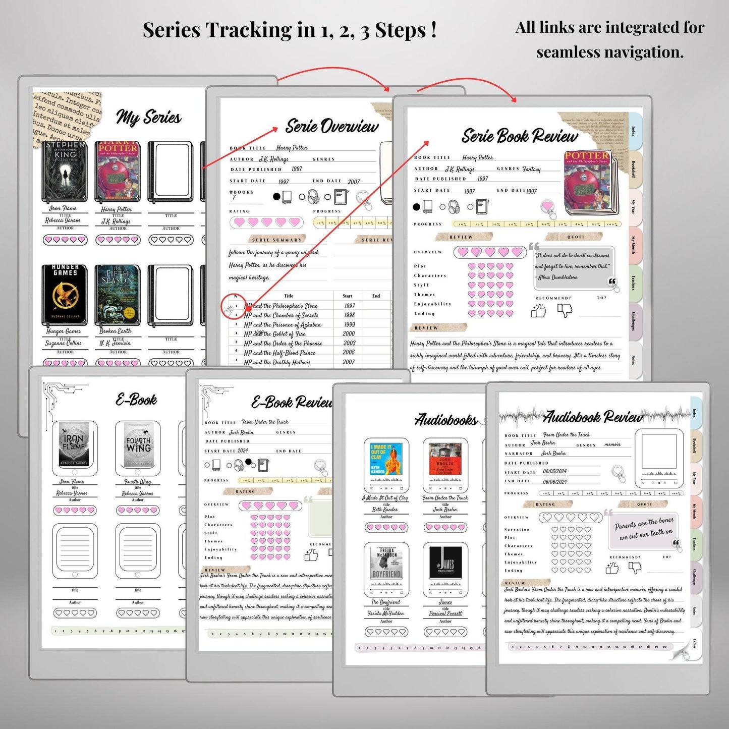 Reading Journal for reMarkable Paper Pro and Remarkable 2 Hyperlinked Book Tracker Template e-Ink Reading Planner template TBR eBook Reviews