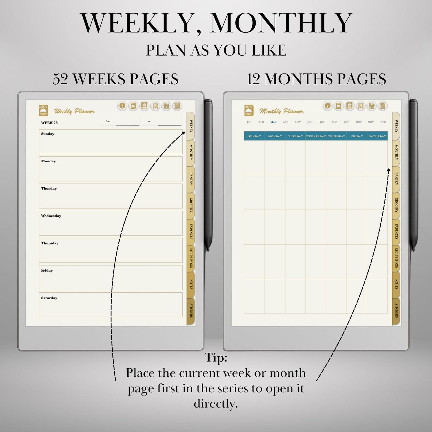 reMarkable Paper Pro Meal Planner Template Hyperlinked Meal Planning & Recipe Organizer | Digital Tracker Templates Productivity Template