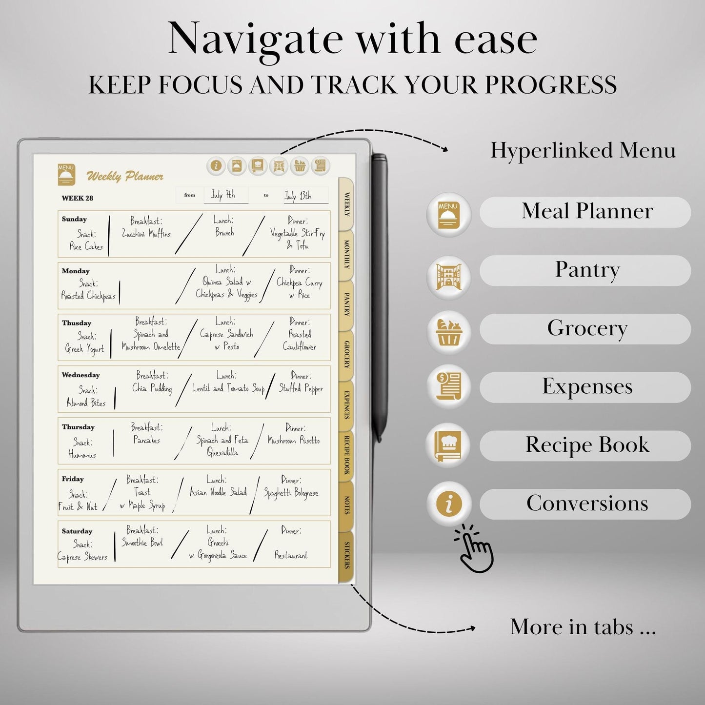 reMarkable Paper Pro Meal Planner Template Hyperlinked Meal Planning & Recipe Organizer | Digital Tracker Templates Productivity Template