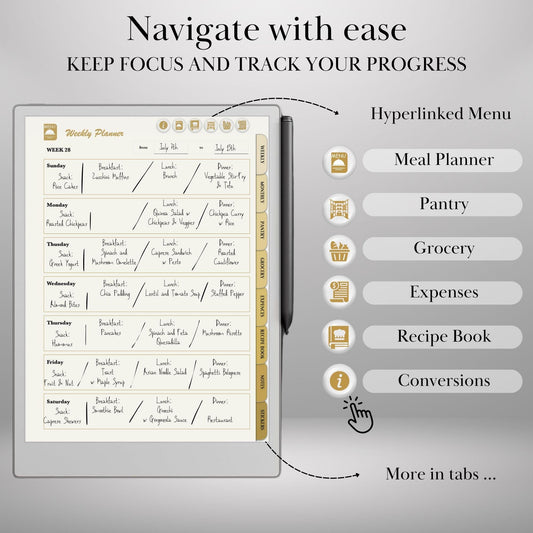 reMarkable Paper Pro Meal Planner Template Hyperlinked Meal Planning & Recipe Organizer | Digital Tracker Templates Productivity Template