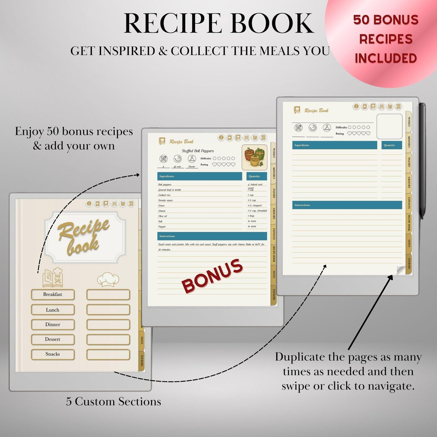 reMarkable Paper Pro Meal Planner Template Hyperlinked Meal Planning & Recipe Organizer | Digital Tracker Templates Productivity Template