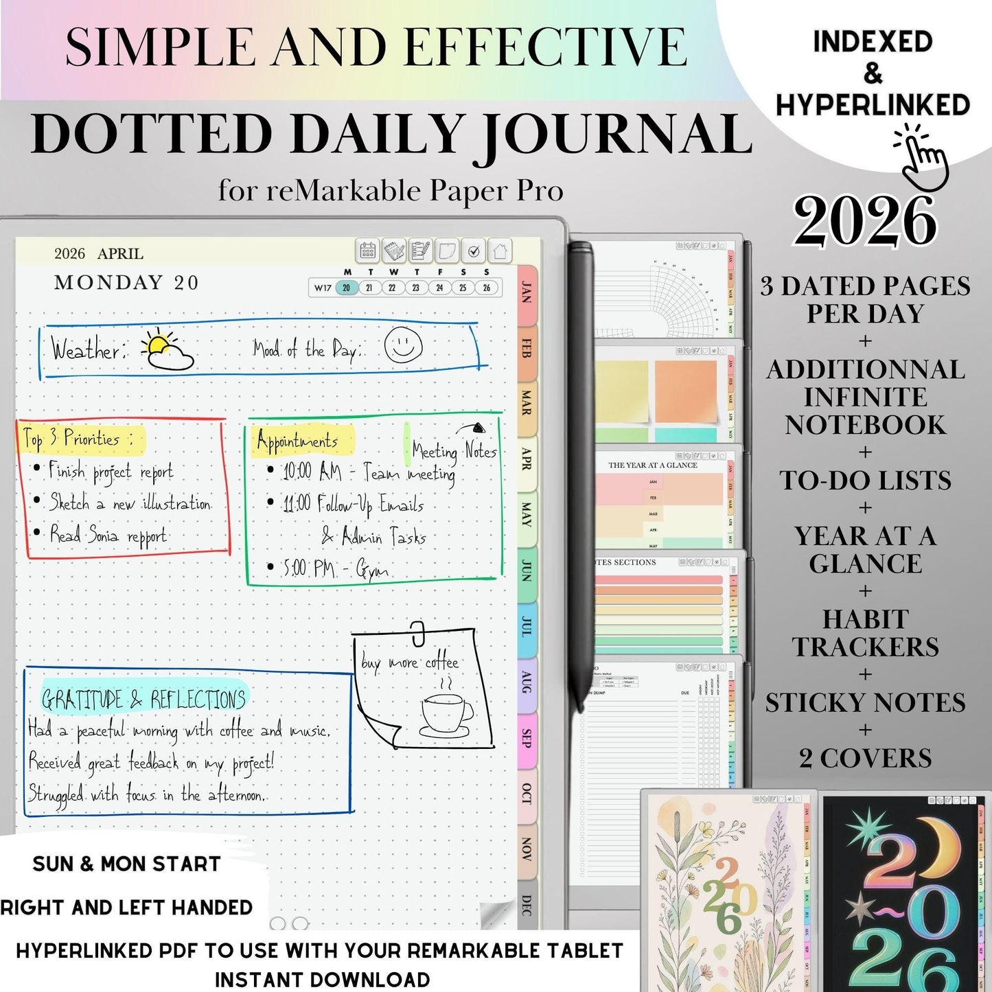 reMarkable Paper pro Daily Journal Planner 2026, Remakable Paper pro Journaling, Hyperlinked Notebook, reMarkable Templates, Digital Planner