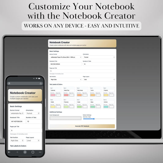 Custom Notebook Template Creator for reMarkable Paper Pro Move, rM2 | Personalized Template | Build Your Own Hyperlinked Notebook