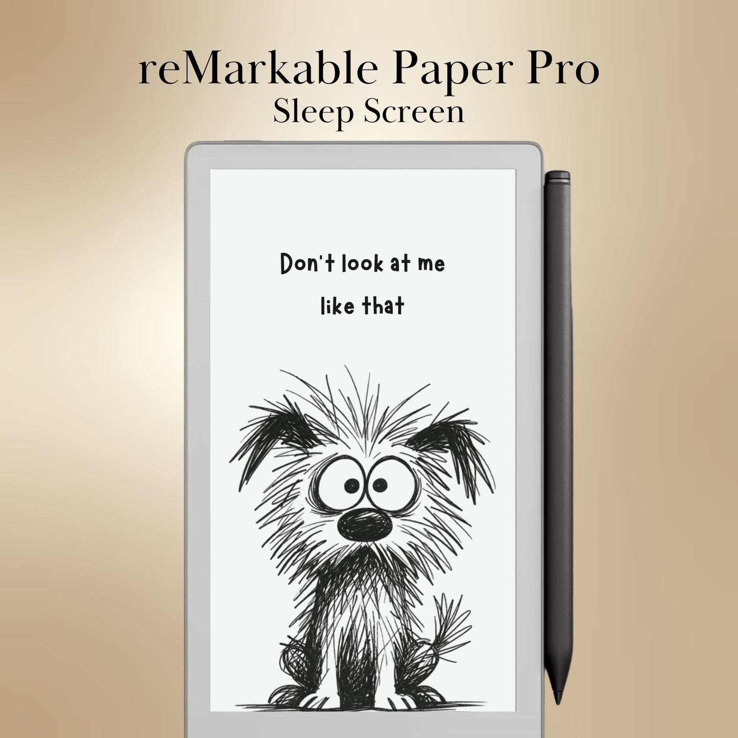 reMarkable Paper Pro Move Sleep Screen with a funny dog illustration and text on a beige background