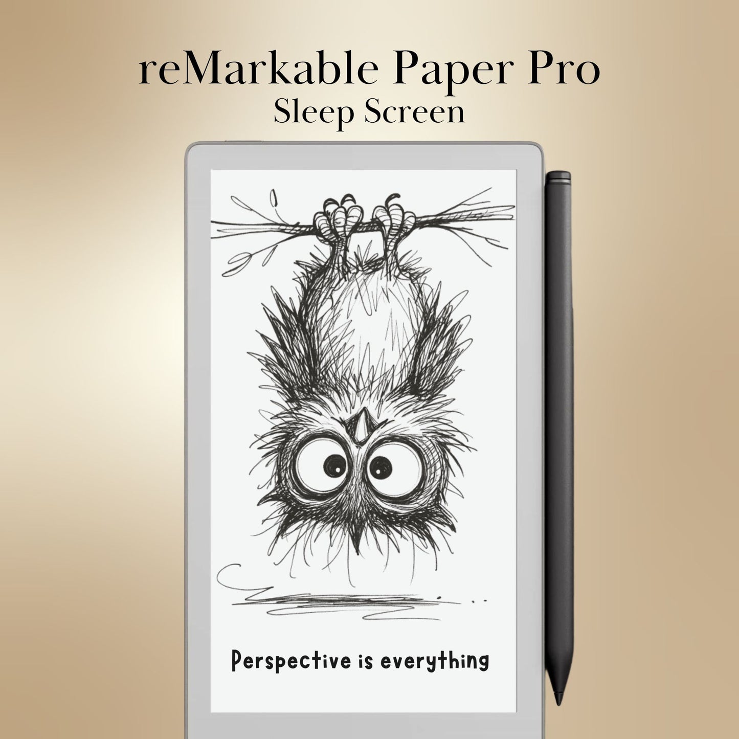reMarkable Paper Pro with a drawing of an owl and the text 'Perspective is everything' on a beige background.