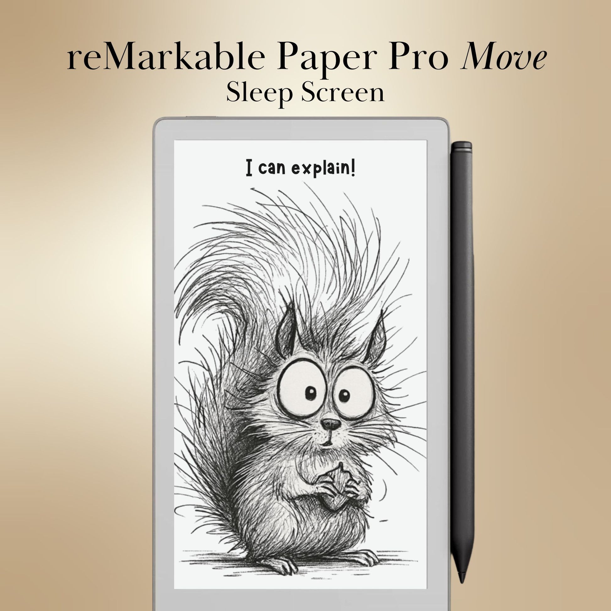 reMarkable Paper Pro Move Tablet with a cartoon squirrel illustration and text 'I can explain!' on a beige background.